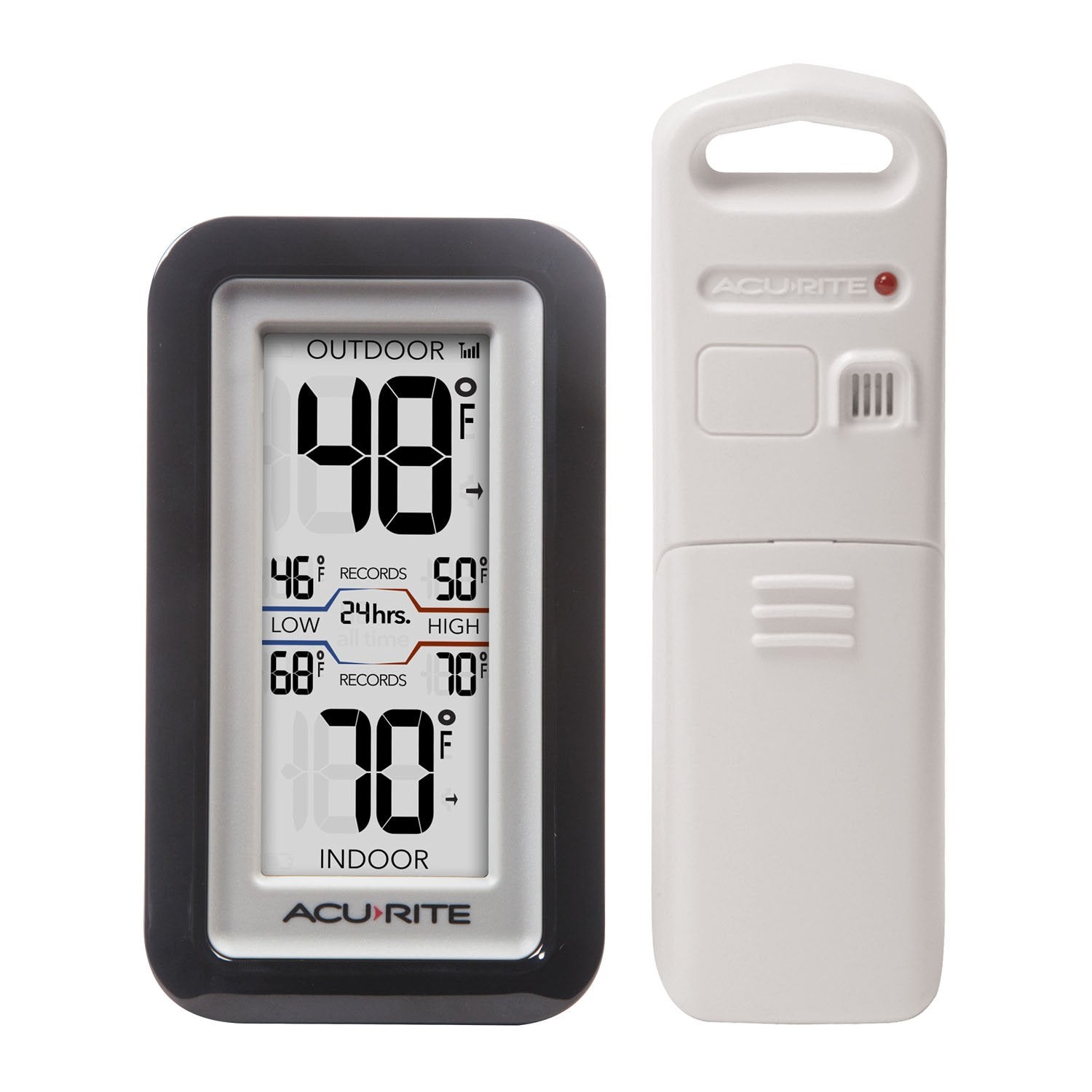 AcuRite 02043 display shows indoor/outdoor temperature with trend arrows for easy monitoring.