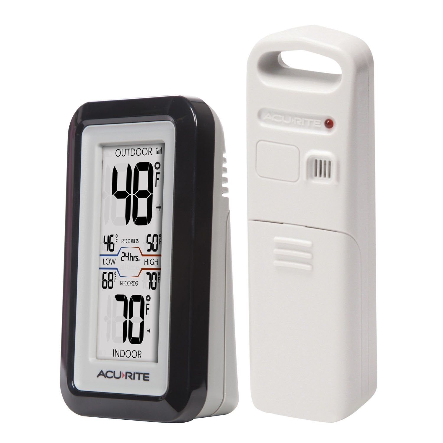 AcuRite outdoor sensor wireless range up to 165 feet for versatile placement.