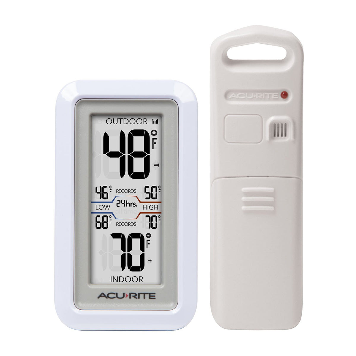 AcuRite 02049 display shows indoor and outdoor temps for quick home checks.