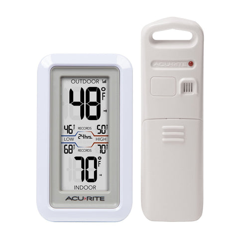 AcuRite 02049 display shows indoor and outdoor temps for quick home checks.