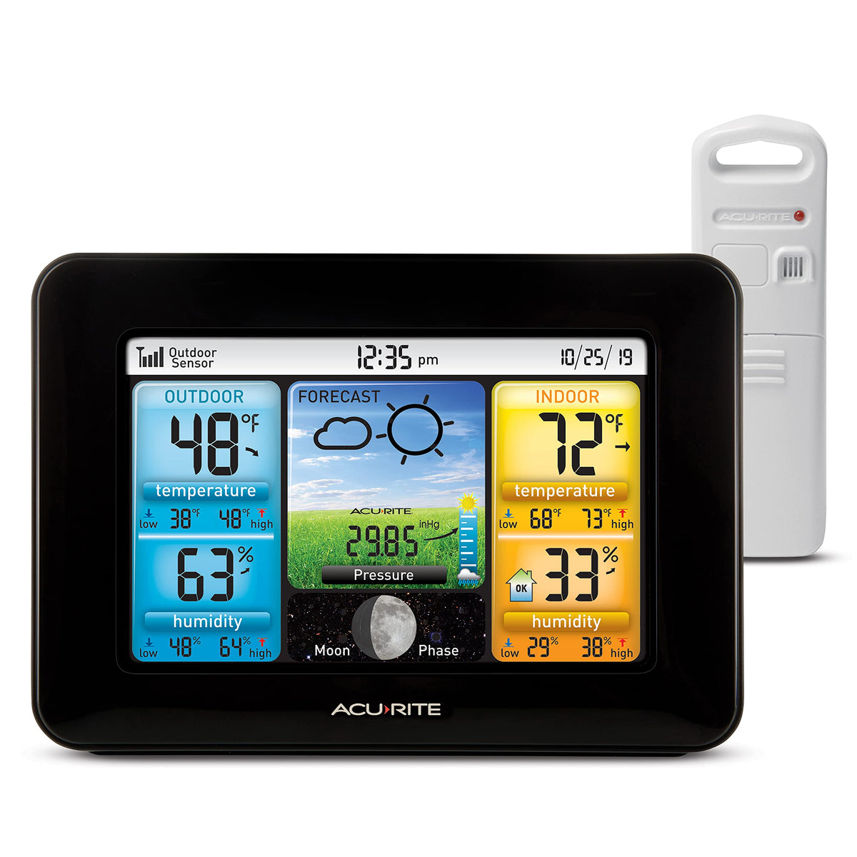 AcuRite 02077M color display front view showing clear local weather data