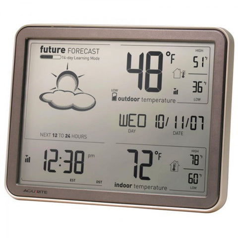 AcuRite indoor/outdoor thermometer showing room and exterior temperatures.
