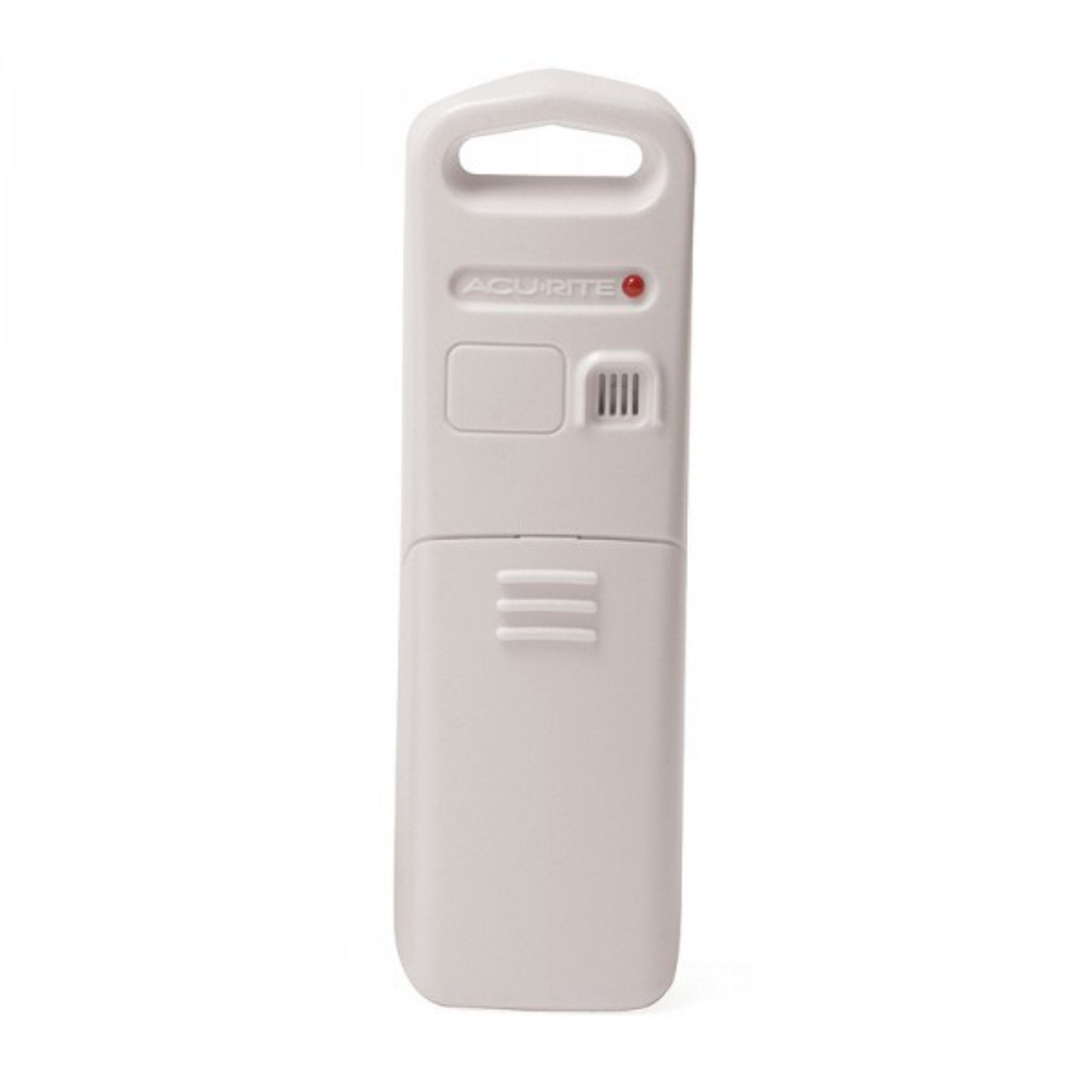 AcuRite outdoor sensor hanging outdoors for weather data collection.