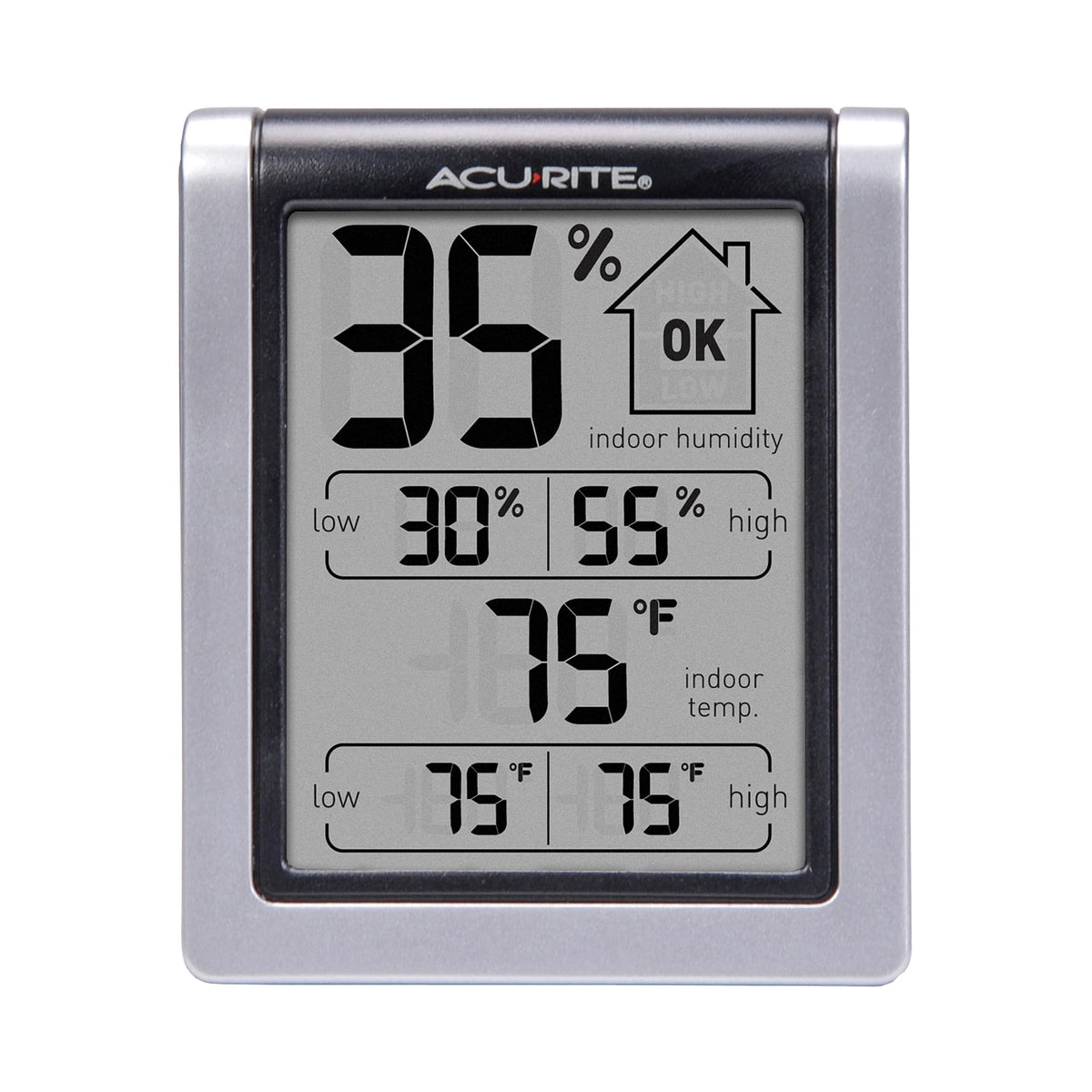 AcuRite indoor thermometer and hygrometer display shows temperature and humidity clearly.