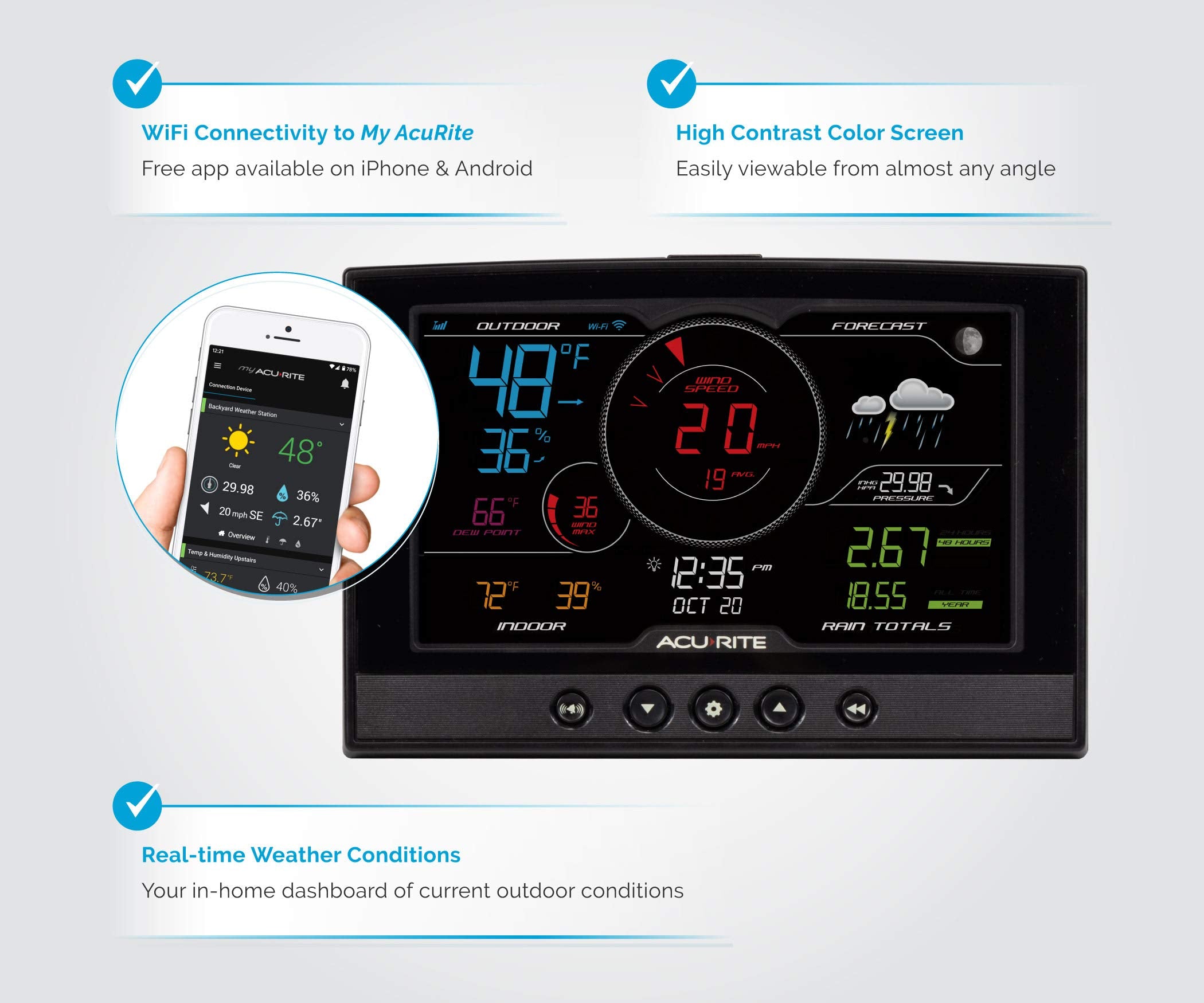 AcuRite Iris shows indoor and outdoor temperature and humidity readings for comfort planning.