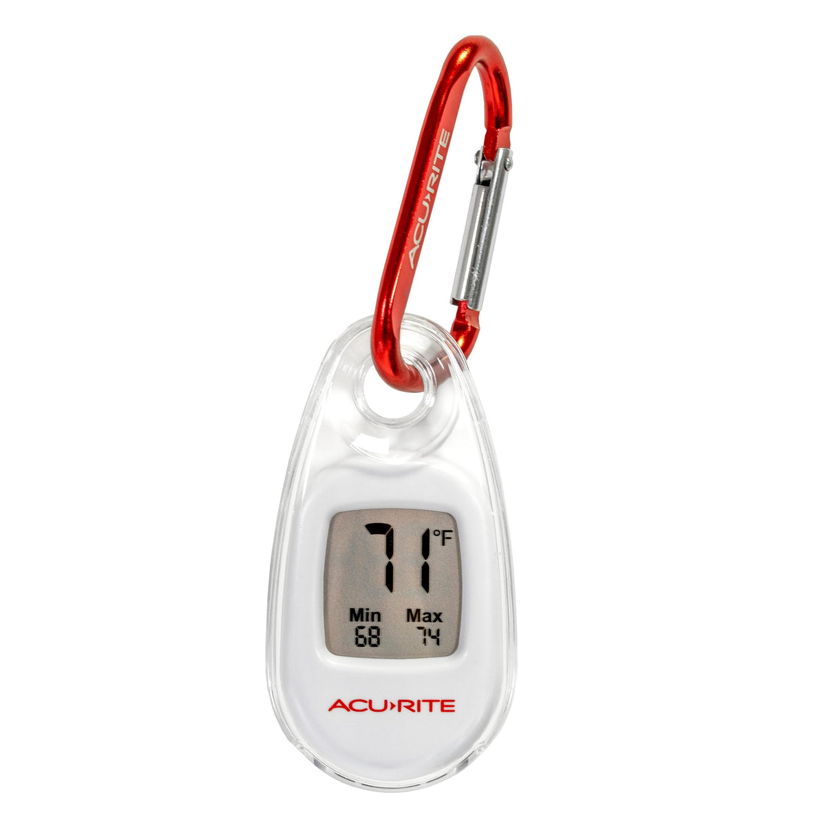 AcuRite portable thermometer with carabiner clip for quick outdoor temperature checks