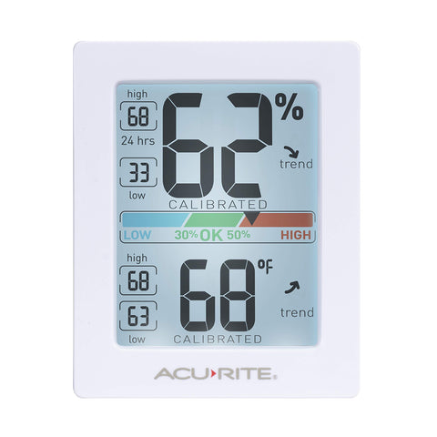 AcuRite Pro humidity meter with backlight provides easy viewing of temperature and humidity any time.