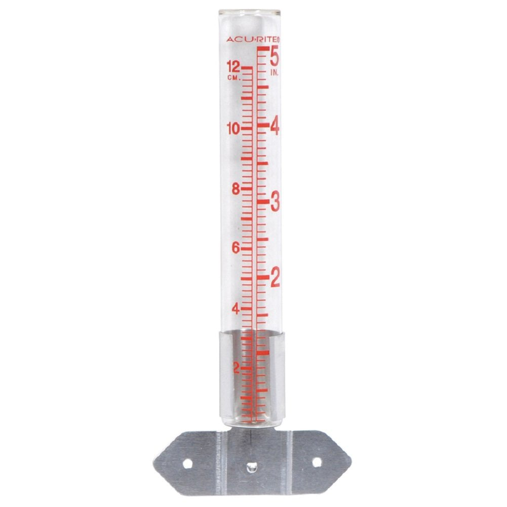 AcuRite rain gauge with glass tube and metal holder tracks rainfall for garden irrigation