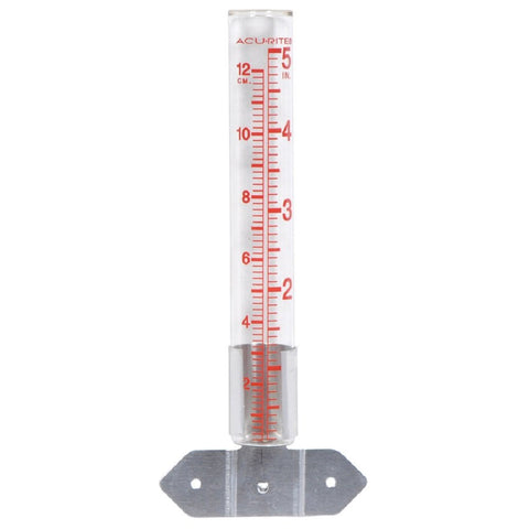 AcuRite rain gauge with glass tube and metal holder tracks rainfall for garden irrigation