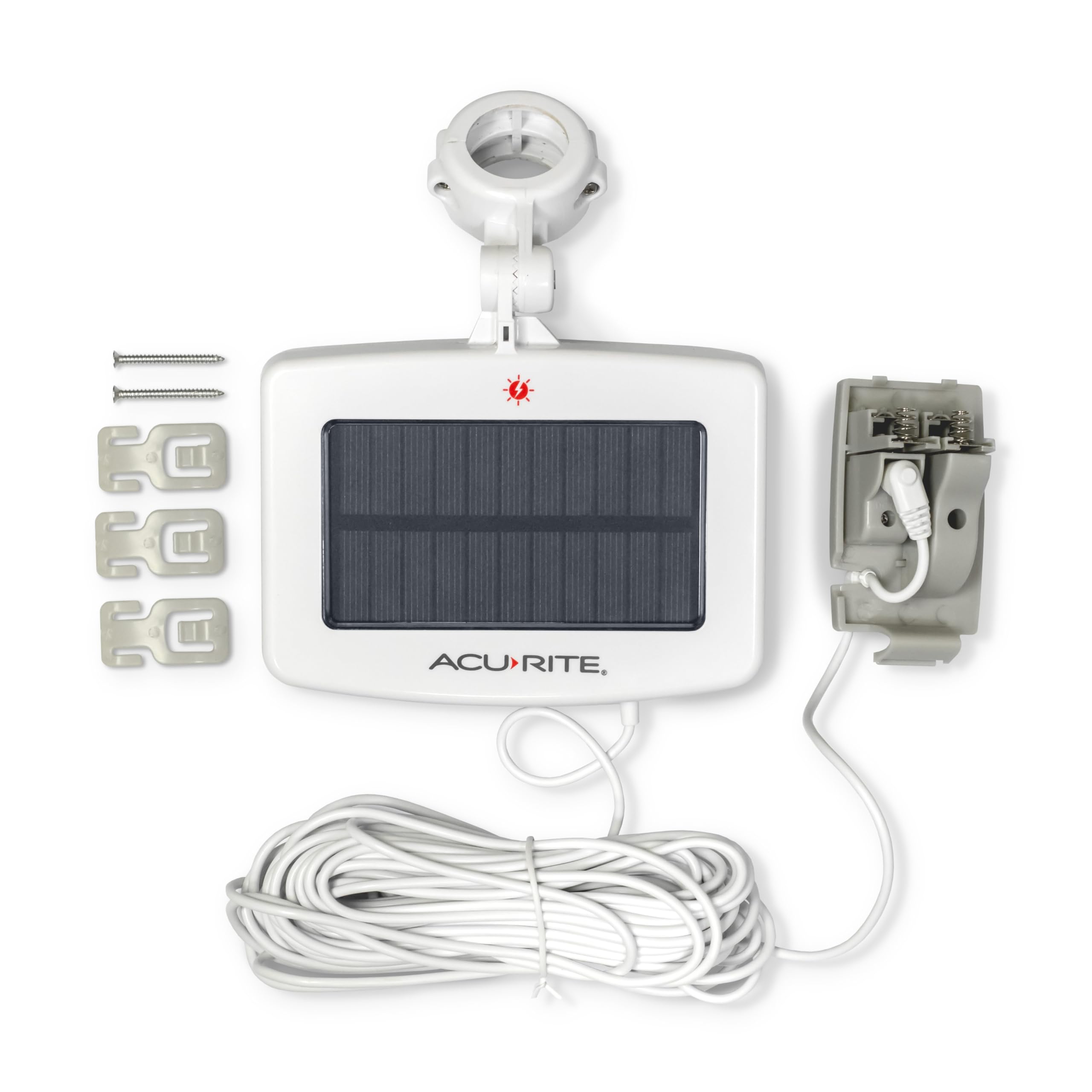 AcuRite Solar Power Pack installed on a deck post for sun exposure