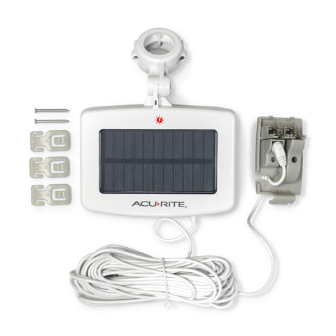 AcuRite Solar Power Pack installed on a deck post for sun exposure