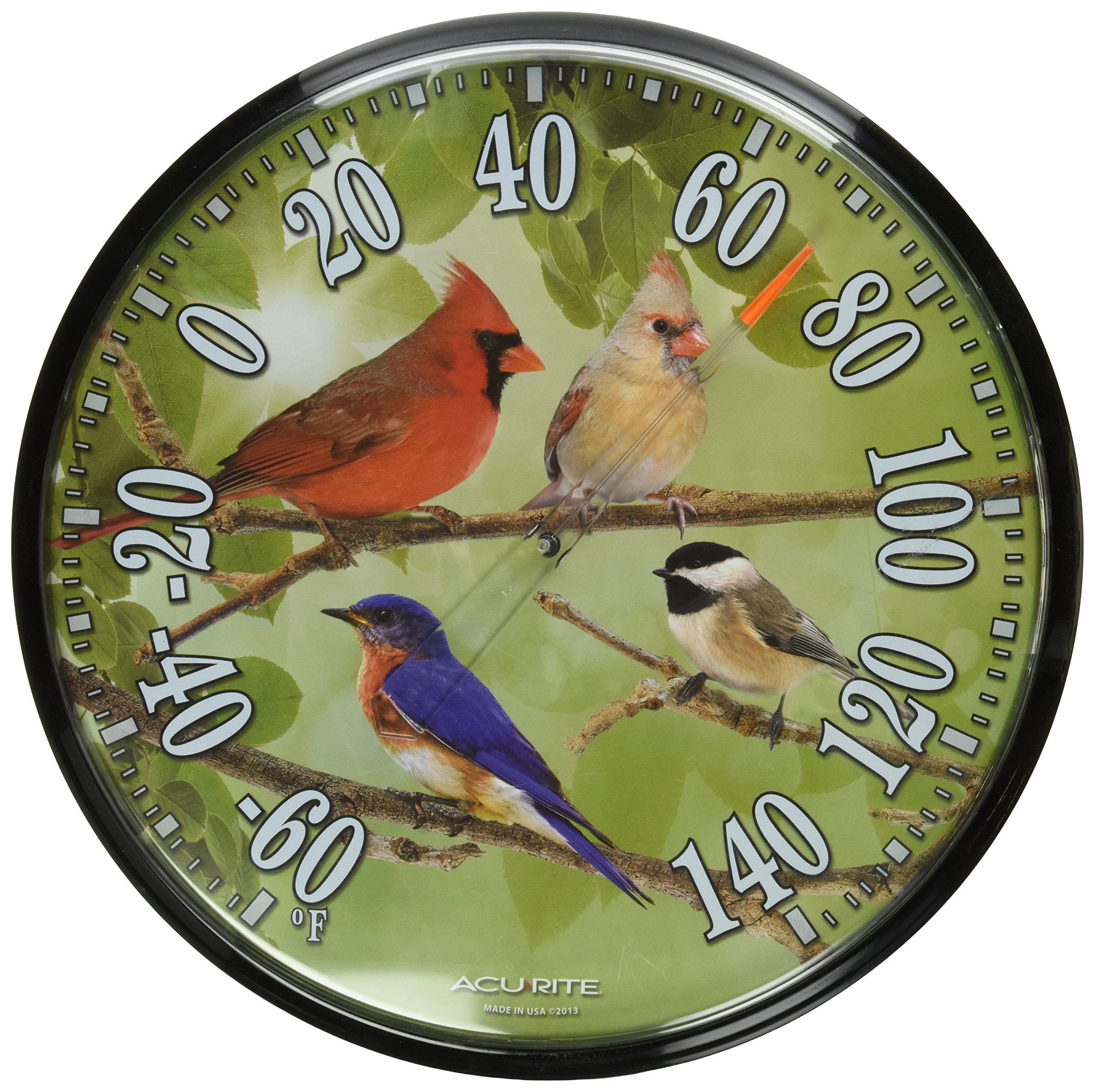 AcuRite Songbirds 12.5-inch wall thermometer mounted outdoors for reliable readings.