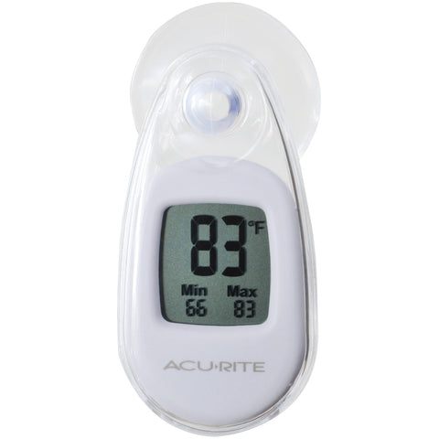 AcuRite suction cup thermometer white front view showing indoor and outdoor temperature readout