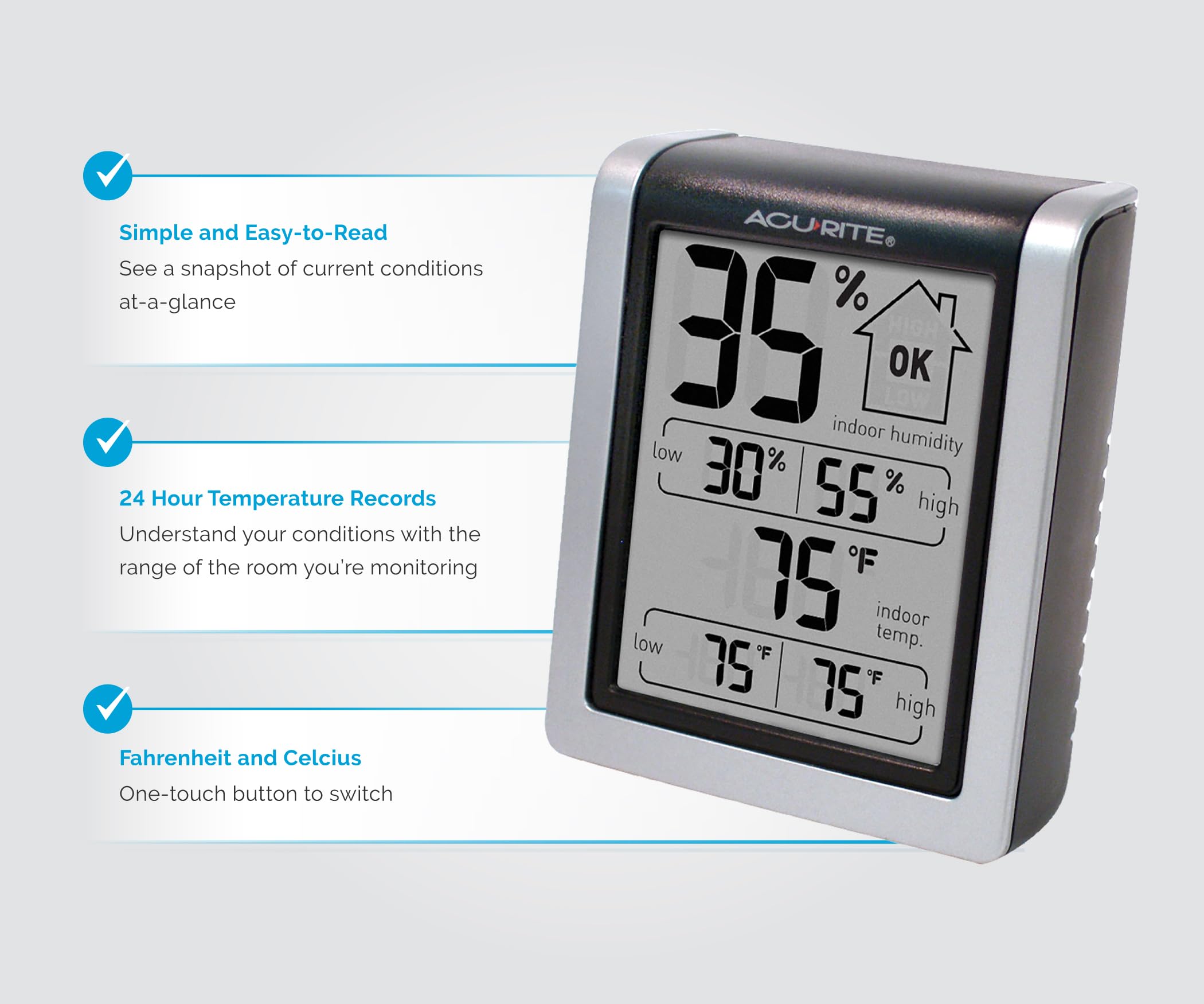 Readings for temperature and humidity on the AcuRite monitor screen.