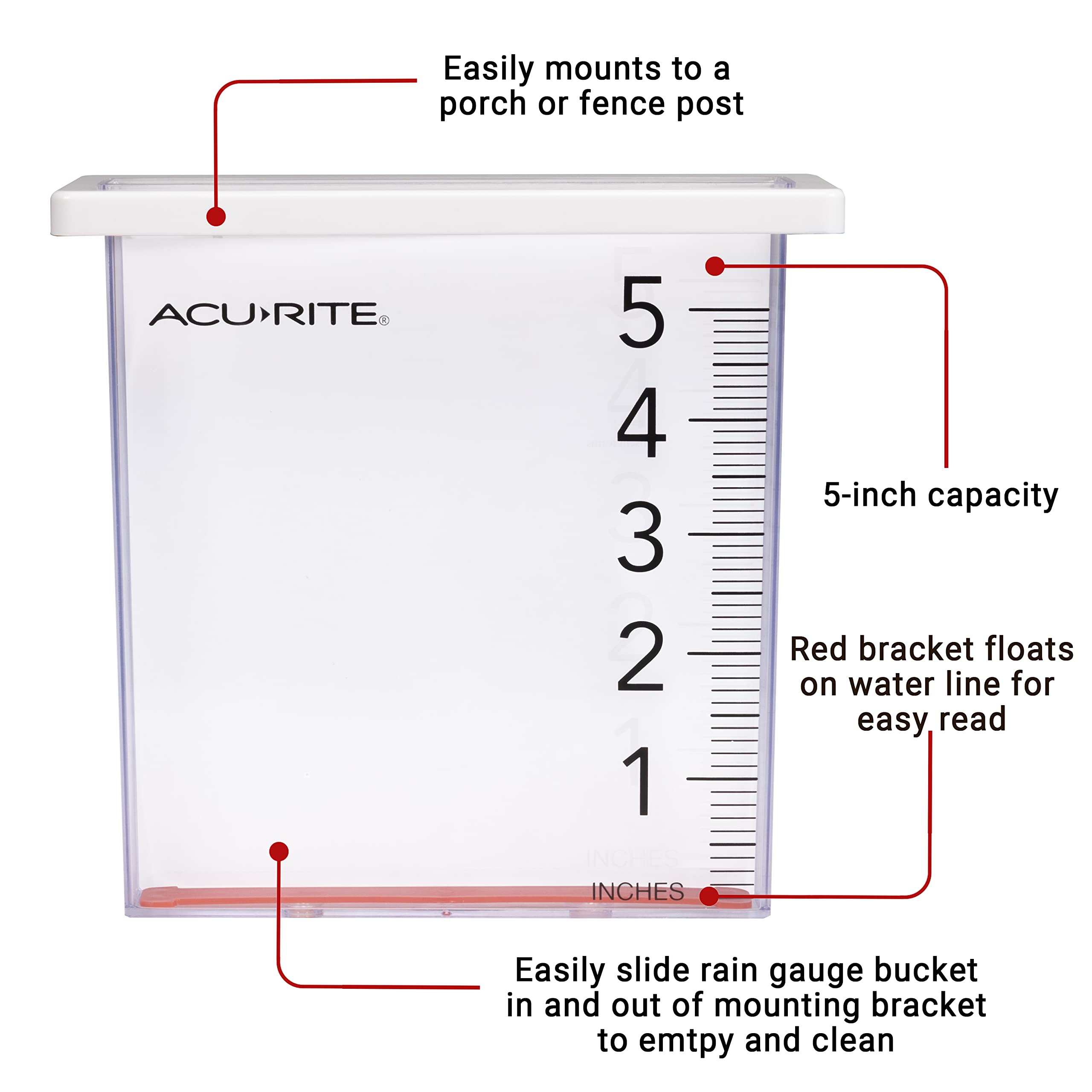 AcuRite Waterfall Rain Gauge floating red marker indicating rainfall at a glance.