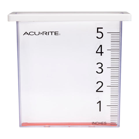 AcuRite Waterfall Rain Gauge mounted on a deck with a clear readout for easy backyard rainfall tracking.