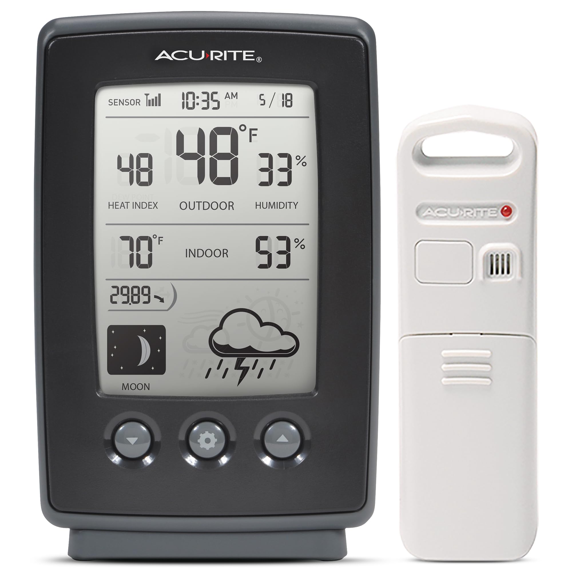 AcuRite weather station display front with clear indoor/outdoor readings for quick daily planning.