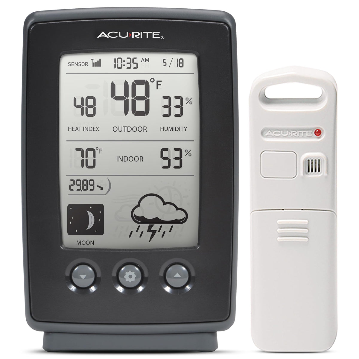AcuRite weather station display front with clear indoor/outdoor readings for quick daily planning.