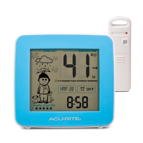 AcuRite What-to-Wear Weather Station digital display shows clothing guidance for the day