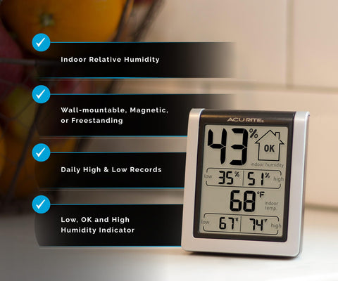 AcuRite wireless digital hygrometer monitor designed for flexible placement.