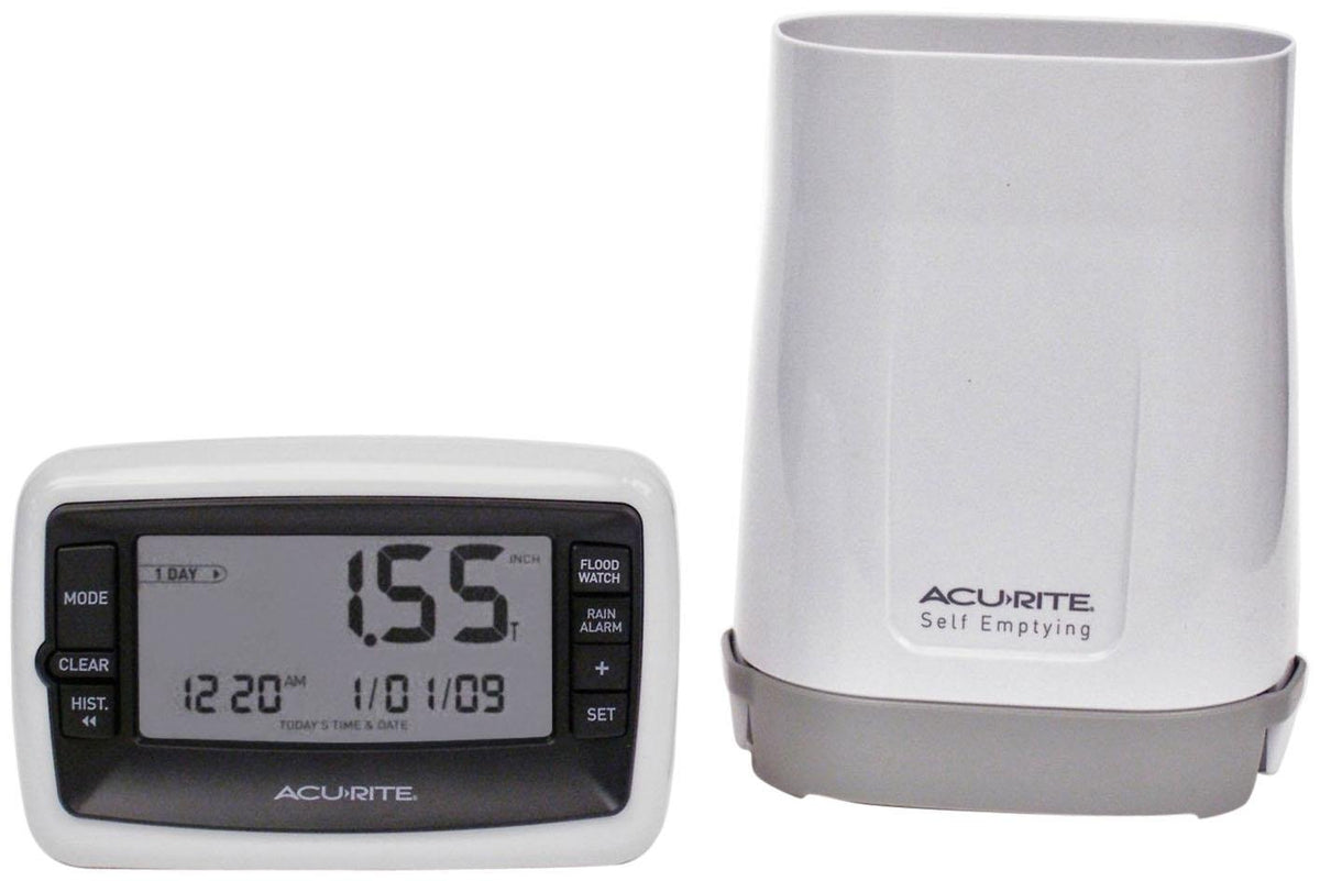 AcuRite wireless rain gauge with self-emptying collector monitors garden rainfall.