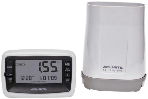 AcuRite wireless rain gauge with self-emptying collector monitors garden rainfall.