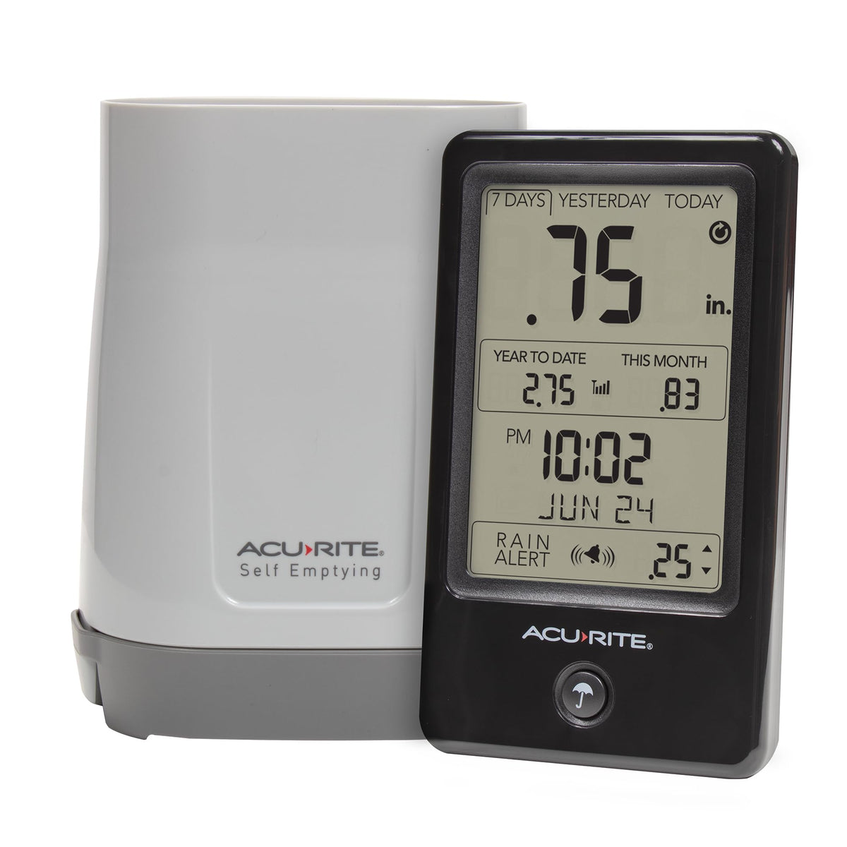 AcuRite wireless rain gauge display shows today's rainfall total for garden planning.