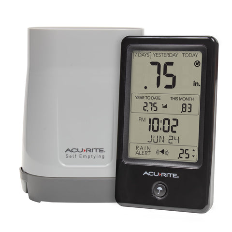 AcuRite wireless rain gauge display shows today's rainfall total for garden planning.