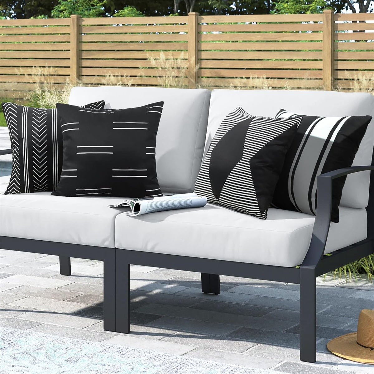 Adabana outdoor pillow cover geometry black white for patio decor and weather-ready protection.