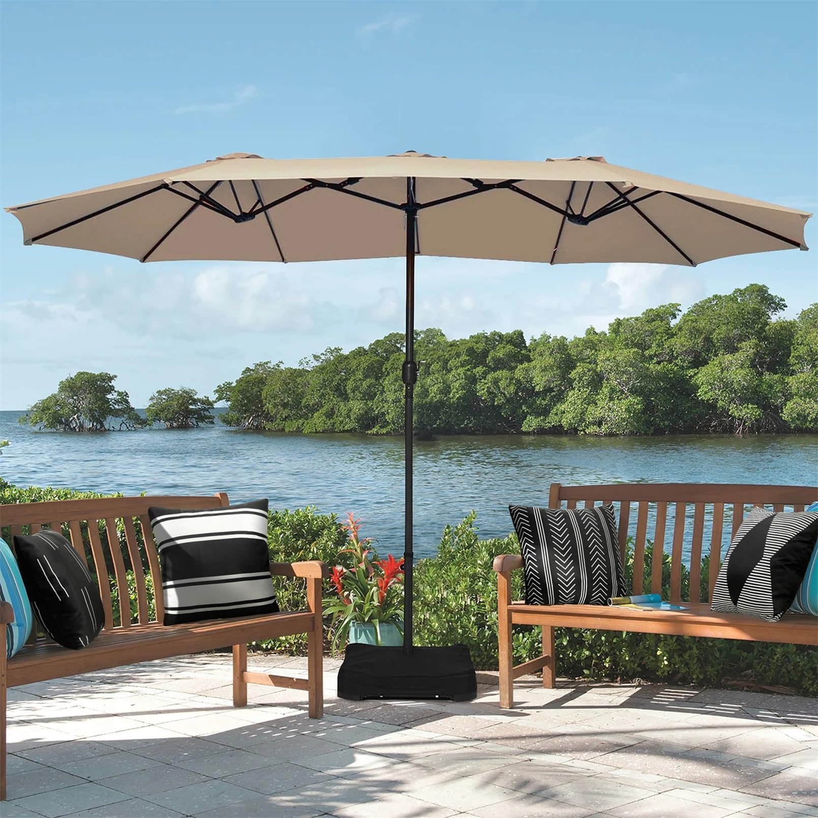 Adabana 18x18 cover doubles as vibrant accent for balcony furniture.