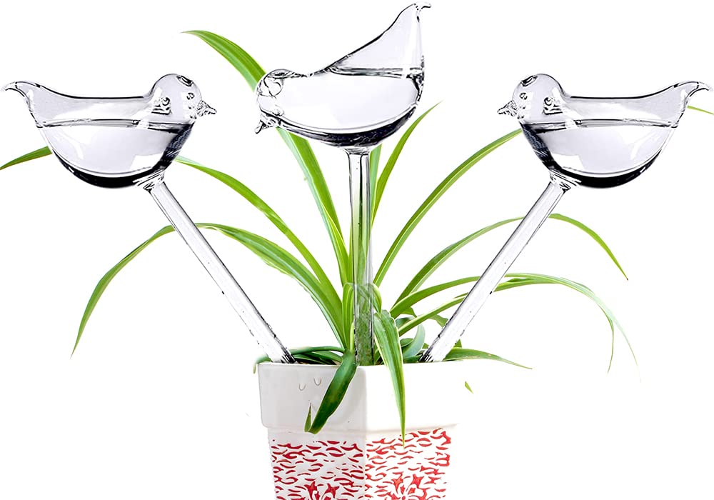 Adabocute bird-shaped watering globe close-up showing decorative plant care function.