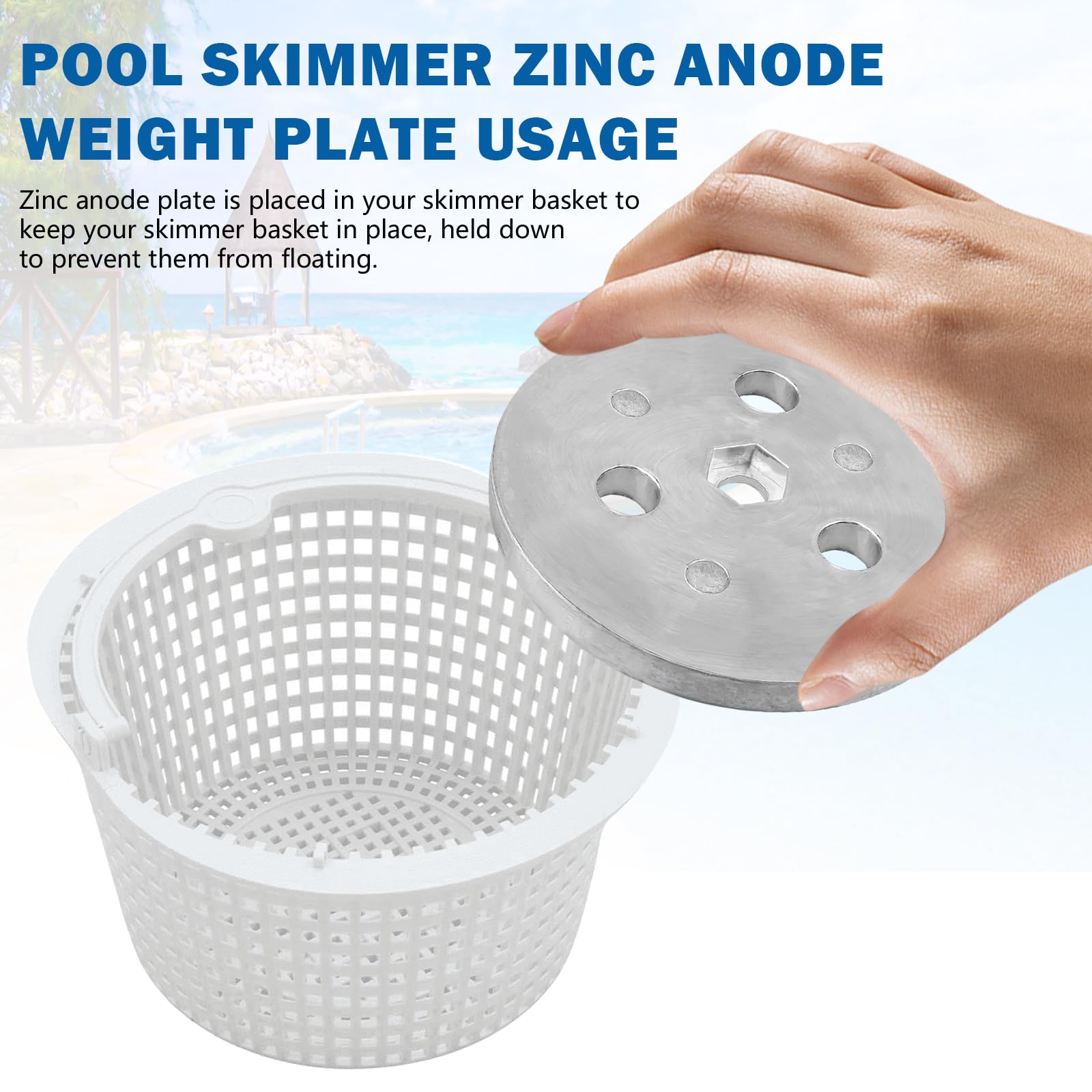 Adabuing-skimmer-basket-weight in use stabilizes the basket and anchors hair nets.