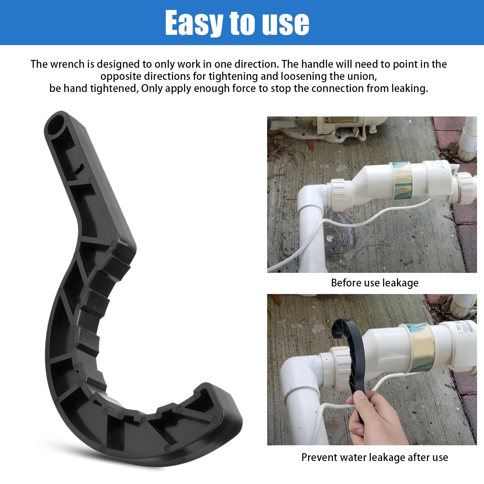 Adabuing pool tool helps tighten connections while preventing over-tightening around the union.