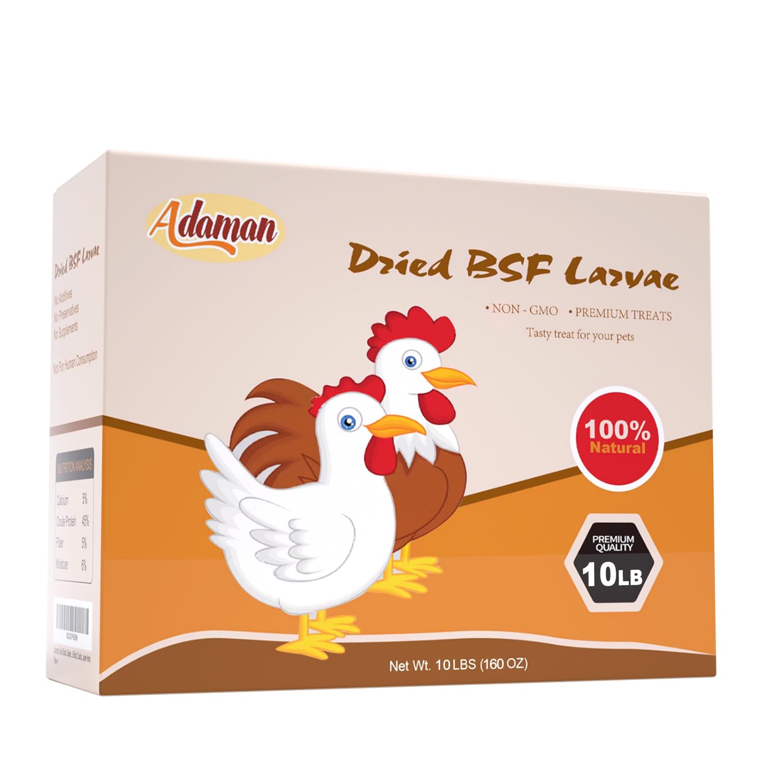 Adaman BSF larvae nutrition chart visuals, highlights calcium and protein