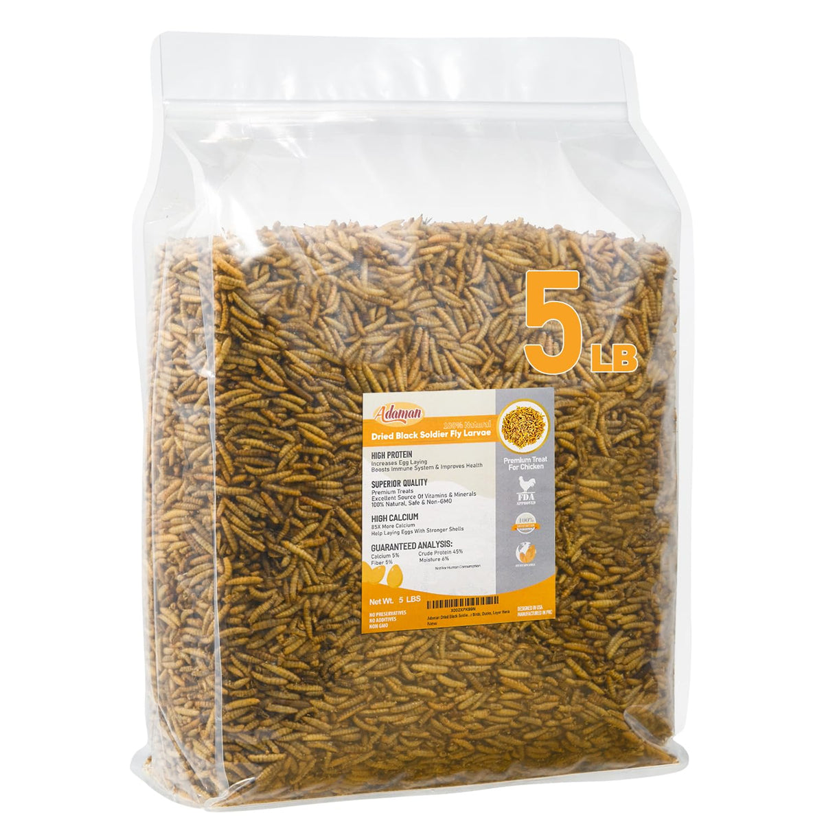 Adaman BSF larvae 5lb bulk package for easy feeding and calcium boost.