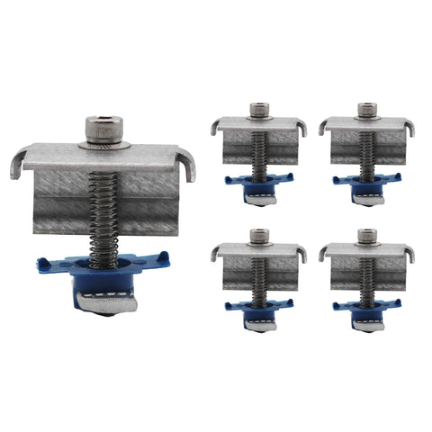 Adamax SPEC158 end clamp on steel strut for secure solar panel mounting.