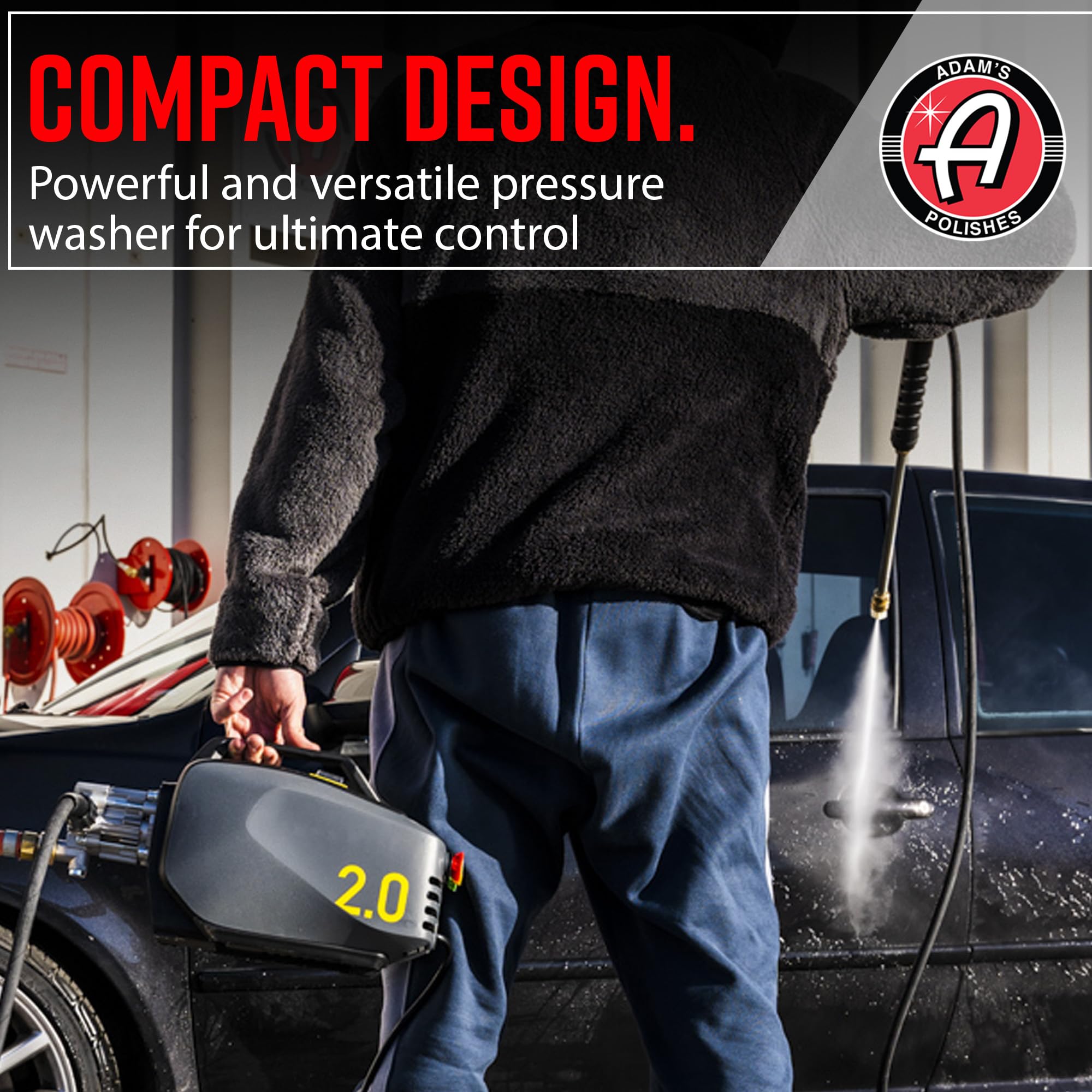 Adam's Polishes portable electric washer pump in action for quick outdoor cleaning.