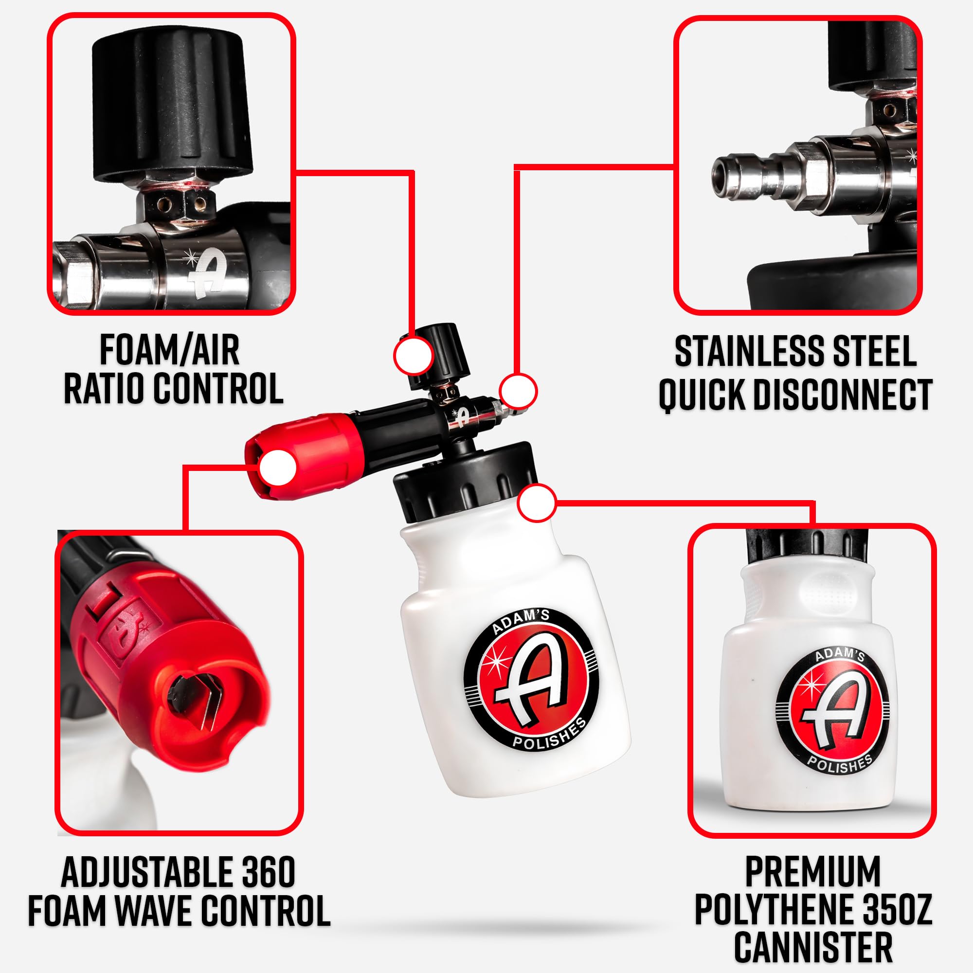 Adam's Polishes Premium Foam Cannon nozzle adjustment enables precise foam density.