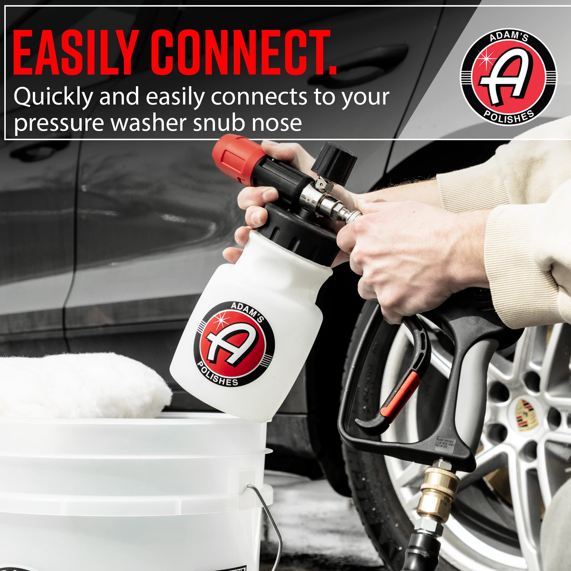 Adam's Polishes premium foam cannon quick-release cap aids tool-free maintenance.