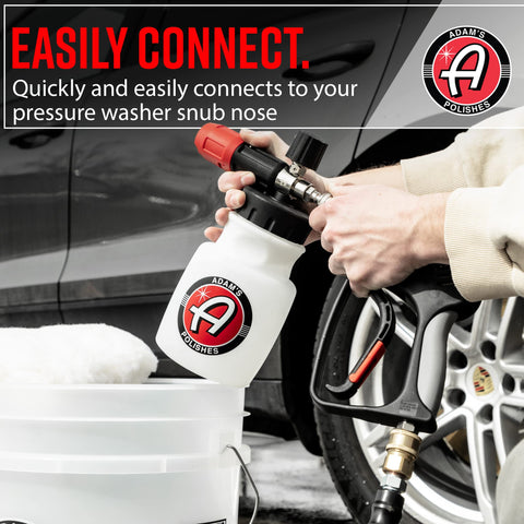 Adam's Polishes premium foam cannon quick-release cap aids tool-free maintenance.