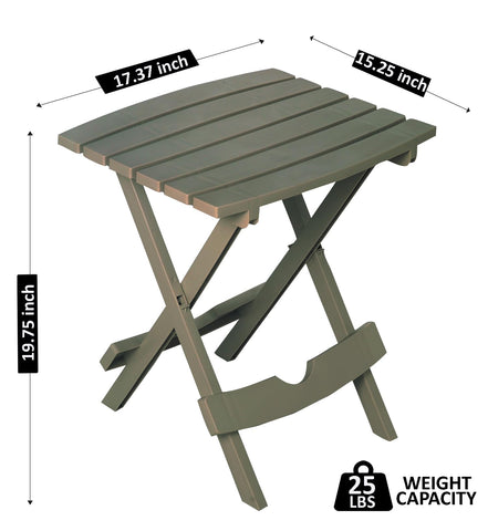 Adams Quik-Fold Side Table gray, clip-and-hook system securing it during repositioning.