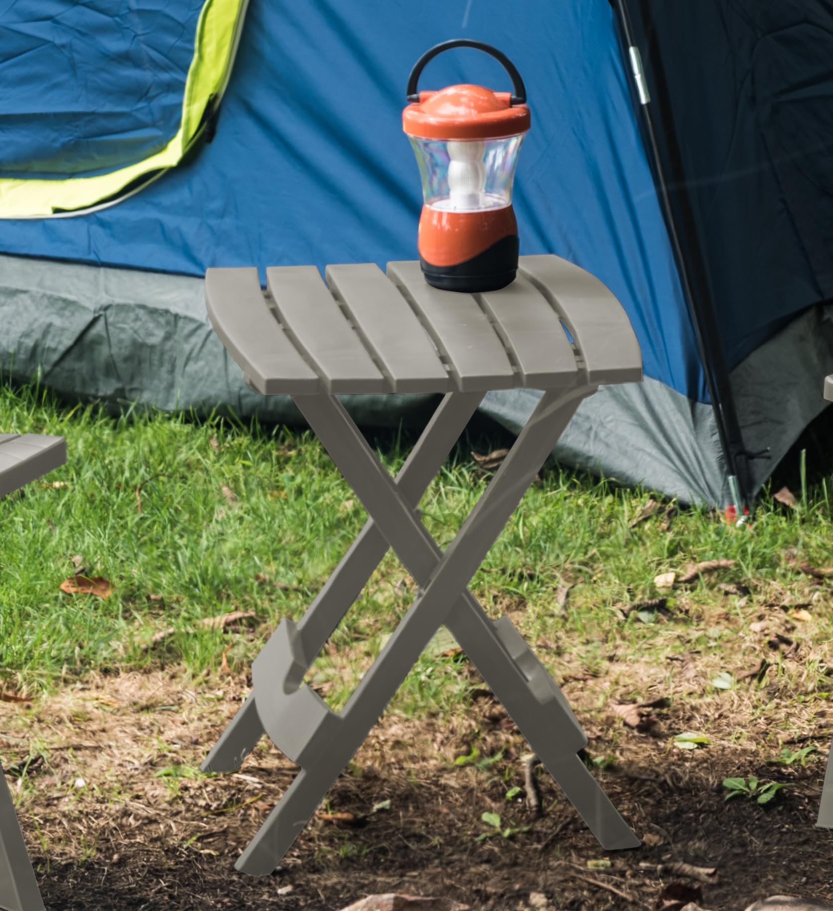 Adams Quik-Fold Side Table gray, folded compactly for dorm storage.