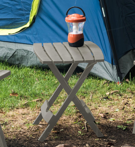Adams Quik-Fold Side Table gray, folded compactly for dorm storage.
