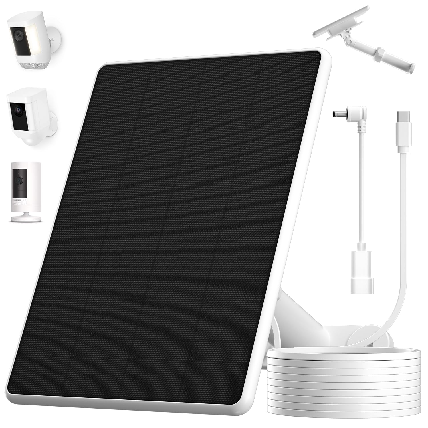 Adarqeks 6W solar panel front view powering Ring camera for reliable outdoor charging