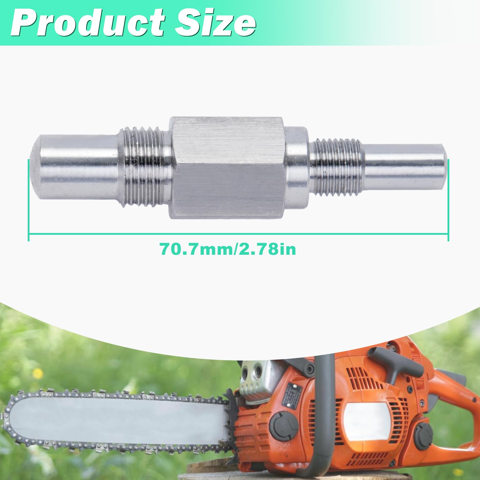 Adefol piston stop tool mounted on chainsaw clutch for safe maintenance.
