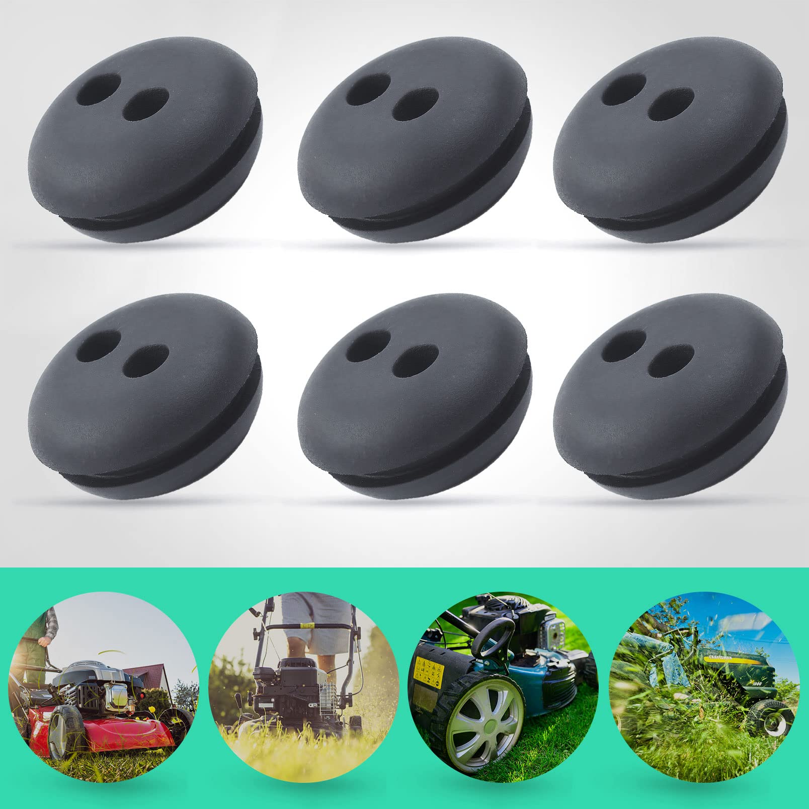 Six-pack set of durable rubber grommets for replacement.