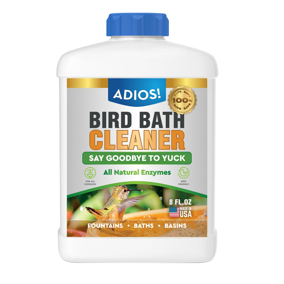 ADIOS! Bird Bath Cleaner bottle pour demonstrates simple application for outdoor baths.