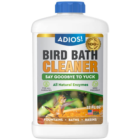 ADIOS! Bird Bath Cleaner bottle pouring into bath for safe, enzyme-based cleaning.