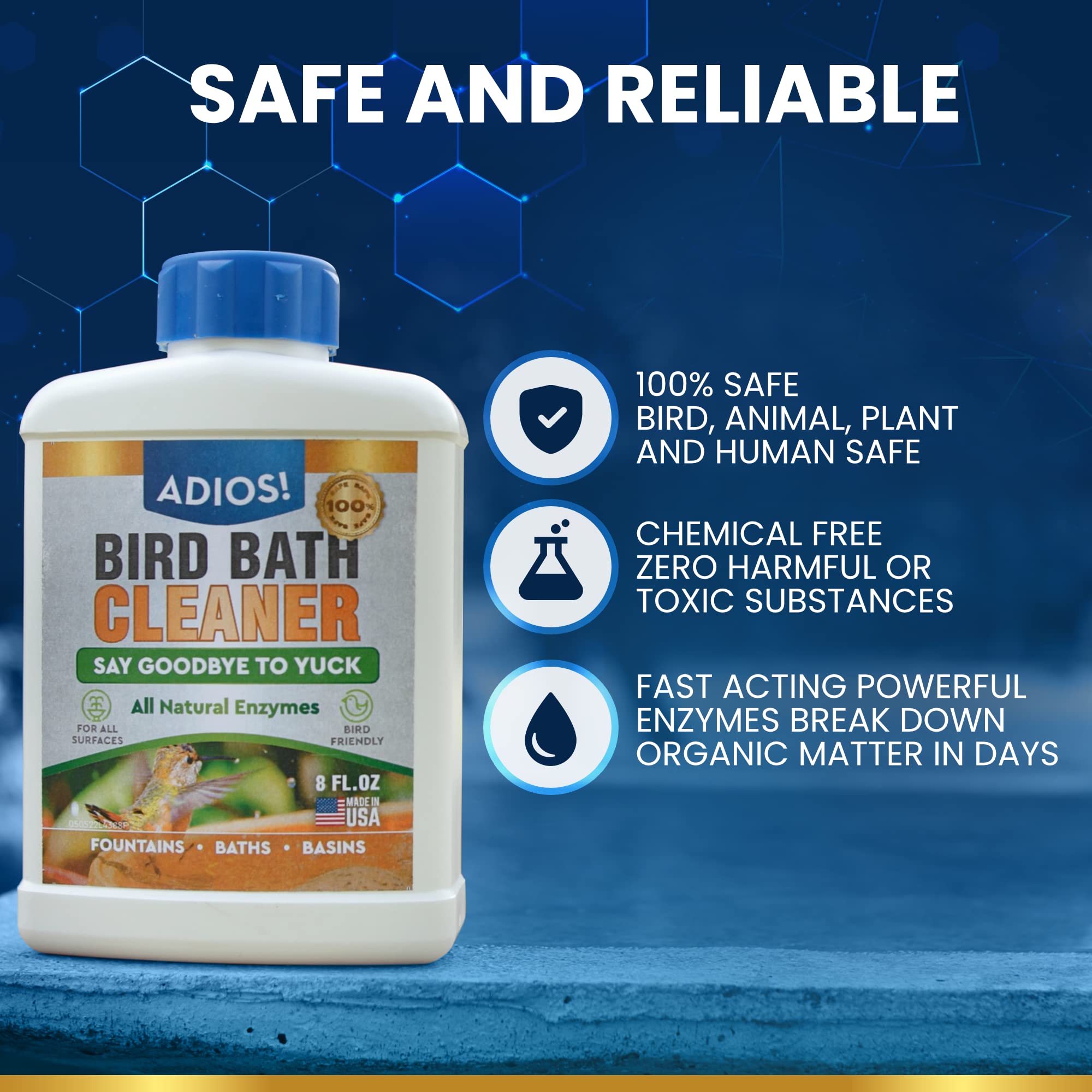 ADIOS! Bird bath cleaner image shows clearer fountain water after treatment.