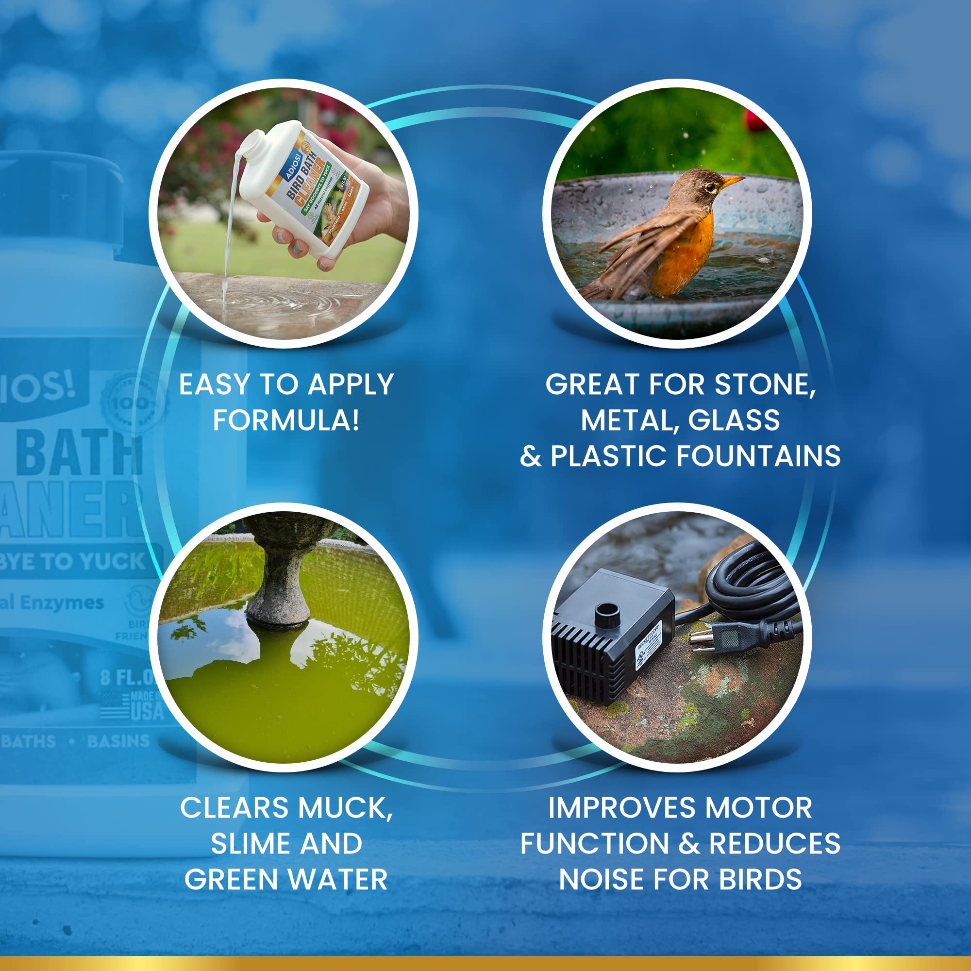 ADIOS! Bird Bath Cleaner glass-bath-clean improves glass bird baths visibility.
